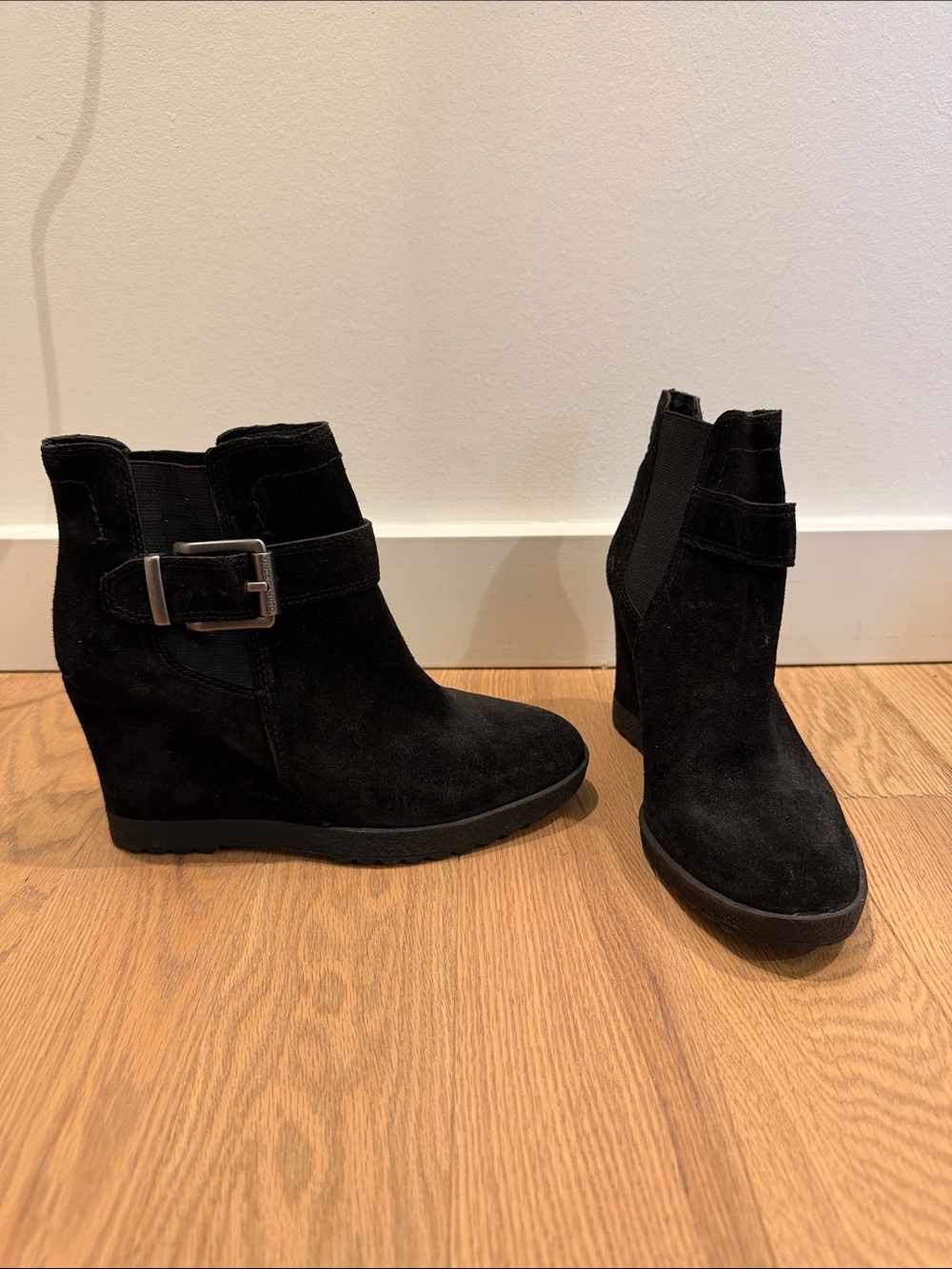 Vince Camuto Black Suede Wedge Ankle Booties with Buckle